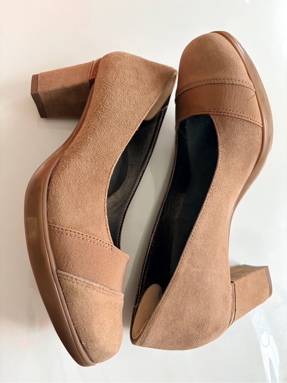 Tan Suede Block Heel Pumps Comfort Shoes
